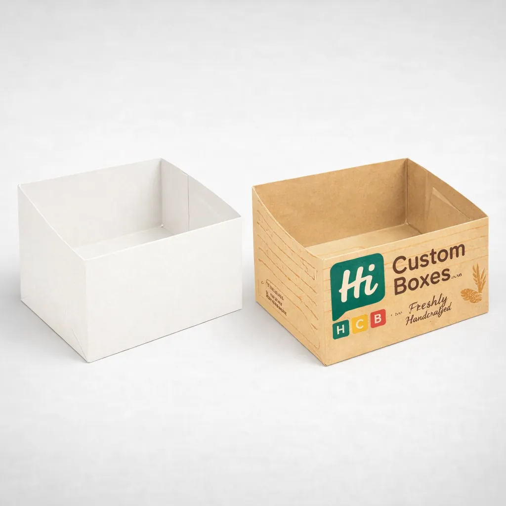 Two tall rectangular product boxes, one blank white and one printed with custom panini graphics. class=